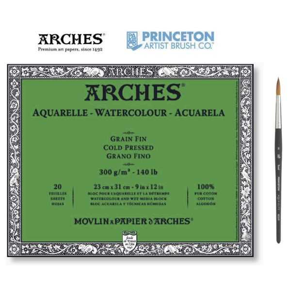 ARCHES Aquarelle Bloc Fine. 23 x 31 cms. 300 gr. Princeton Brush