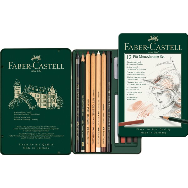 Pitt Monochrome Faber Castell 12-piece metal case with 12 pieces