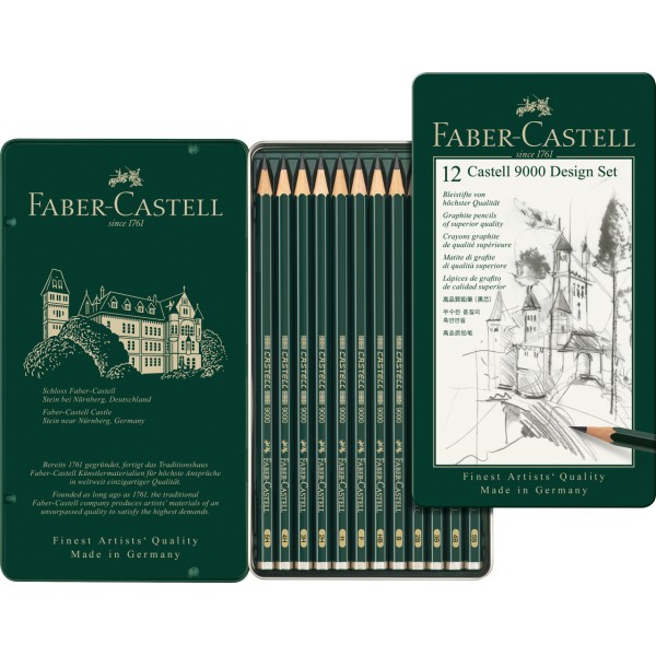 Caja Metalica con 12 Lapices Grafito Faber Castell 9000 5B-5H