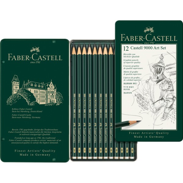 Caja Metalica con 12 Lapices Grafito Faber Castell 9000 8B-2H