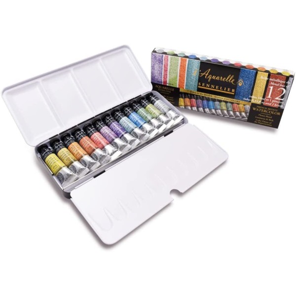 Sennelier Metallic Watercolour Box 12 Tubes of 10ml. and Brush - Iridescent Colours