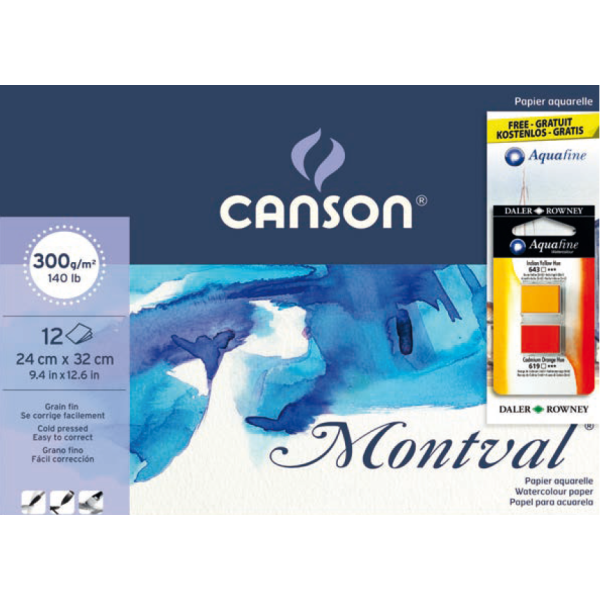 CANSON MONTVAL Watercolour Pad 300gr. 12 Sheets + 2 Aquafine Watercolours