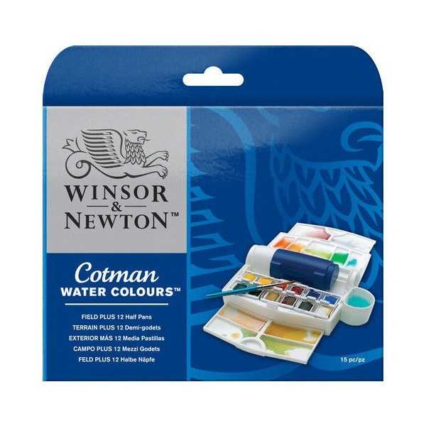 Caja de campo Plus Winsor&Newton Cotman 12 medias pastillas + pincel + depósito